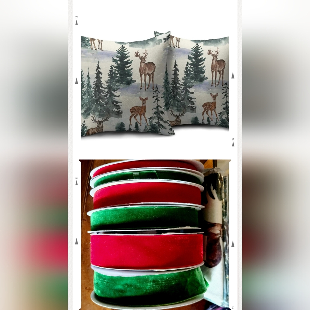 Holiday Deer Print Pillow Covers & Velvet Ribbon Bundle 6 X 18yds